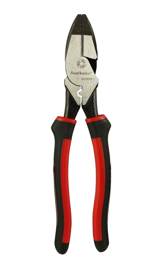 Southwire SCP9TPC - Alicates de corte lateral de alto apalancamiento con tirador de cinta de pescado; crimpador; y asas de agarre cómodo; 9 pulgadas