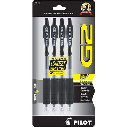 Pilot G2 Bolígrafos Retráctiles de Tinta de Gel, Recargables - Paquete de 4 - Negro -