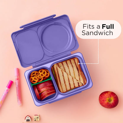 Omie OmieBox UP Bento Box para niños, lonchera aislada, tarro térmico de alimentos aislado al vacío a prueba de fugas, bolsa de hielo más fría, 2 compartimentos (morado galaxia)