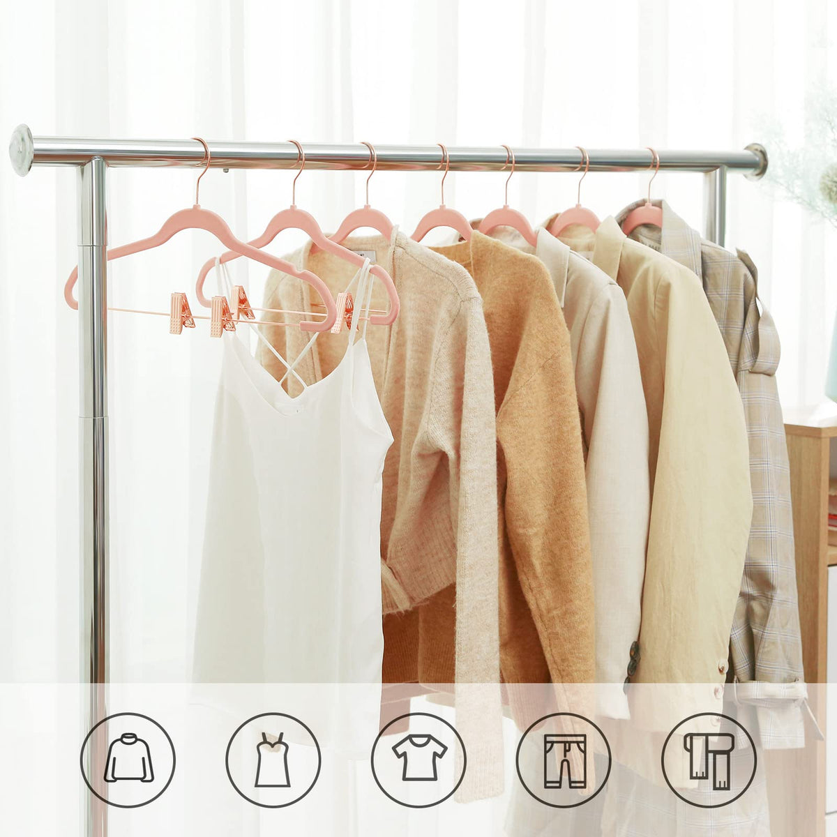 SONGMICS Juego de 24 Perchas de Terciopelo para Pantalones de 16,7 Pulgadas, Clips móviles, Antideslizantes, ahorradores de Espacio, Rosa Claro