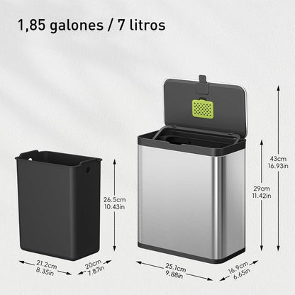 EKO Cubo de Compostaje para Cocina de 7 L, Acero Inoxidable, con Cubeta Interior Extraíble y Compartimento para Desodorizante, Contenedor 2 en 1 para Encimera