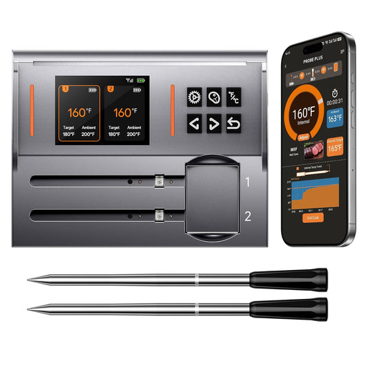 NIGOGOR - Termómetro de carne de doble sonda, base magnética digital inteligente, termómetro inalámbrico Bluetooth, seguimiento remoto y lecturas en tiempo real, iOS y Android, para parrilla, barbacoa