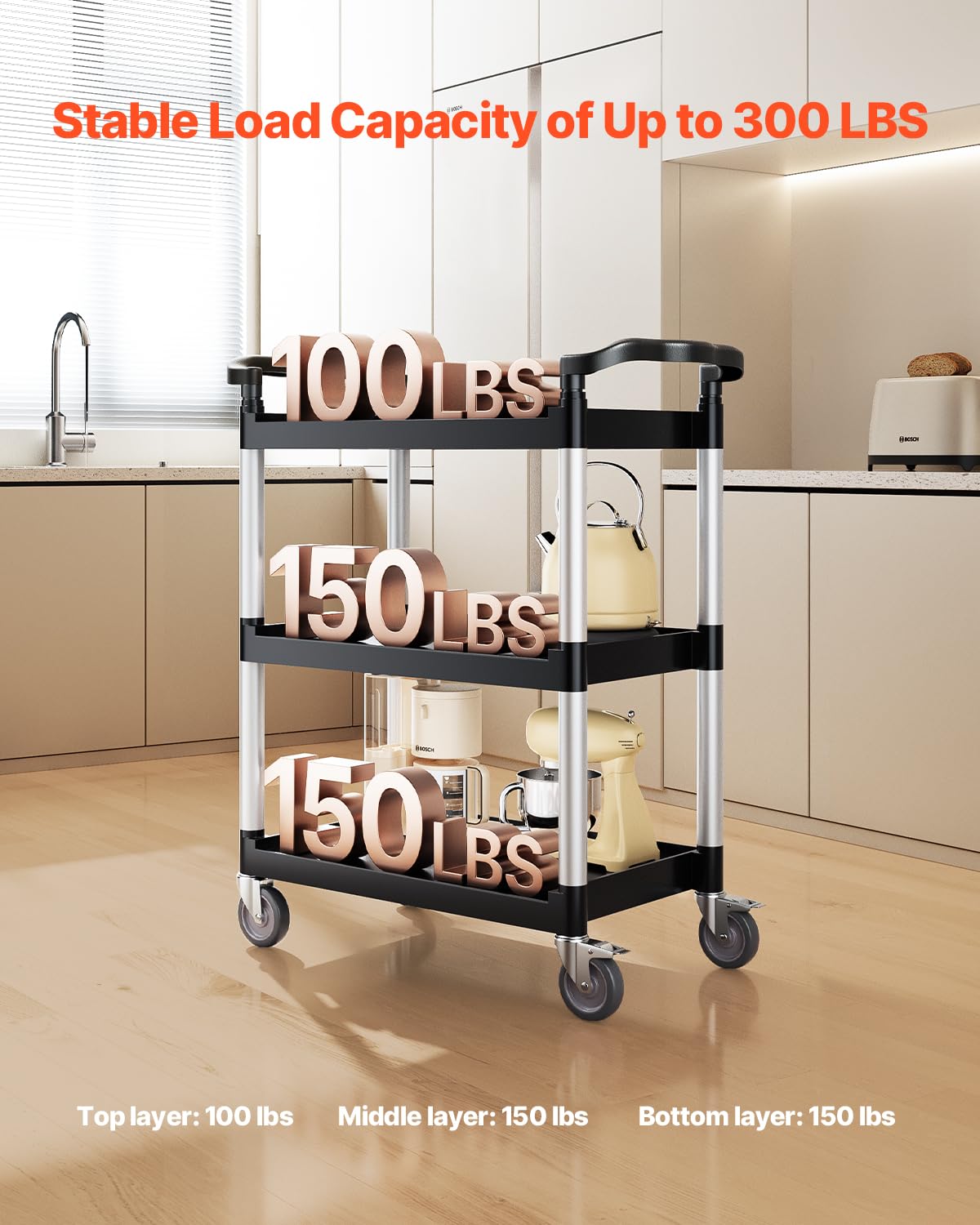 VEVOR Carro utilitario, Capacidad de Carga de 300 Libras, Carro de plástico utilitario de 3 Niveles con Ruedas giratorias de 360° (2 con Frenos), Carrito de Servicio de Alimentos de 24.5 x 16.1