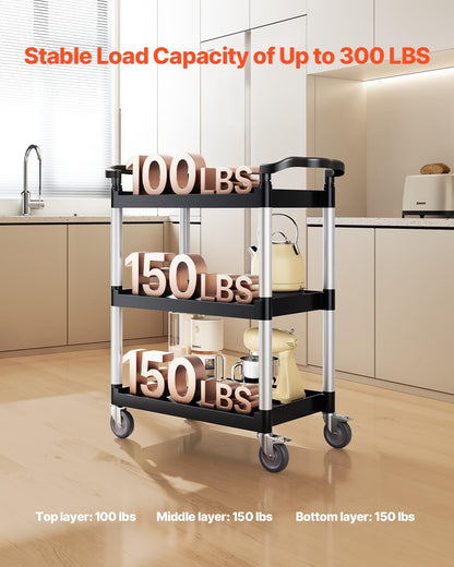 VEVOR Carro utilitario, Capacidad de Carga de 300 Libras, Carro de plástico utilitario de 3 Niveles con Ruedas giratorias de 360° (2 con Frenos), Carrito de Servicio de Alimentos de 24.5 x 16.1