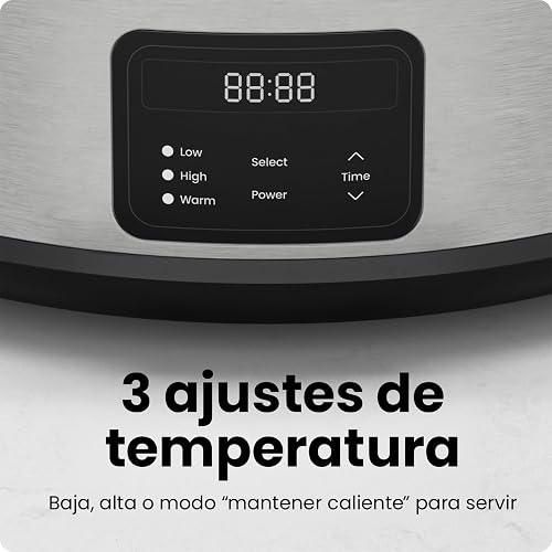 Chefman Olla de cocción lenta eléctrica de 7 cuartos con tapa de bloqueo, olla de cocción lenta programable con tres temperaturas digitales para platos principales, sopas y guisos,Acero inoxidable
