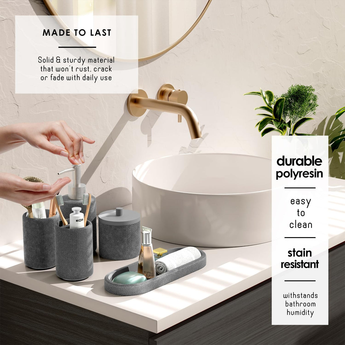 Clara Clark - Juego de Accesorios de baño Gris, Juego de Accesorios de baño de 5 Piezas, Juegos de baño con dispensador de jabón, Soporte para Cepillo para Polvo de Dientes, Vaso, Tarro de hisopo de