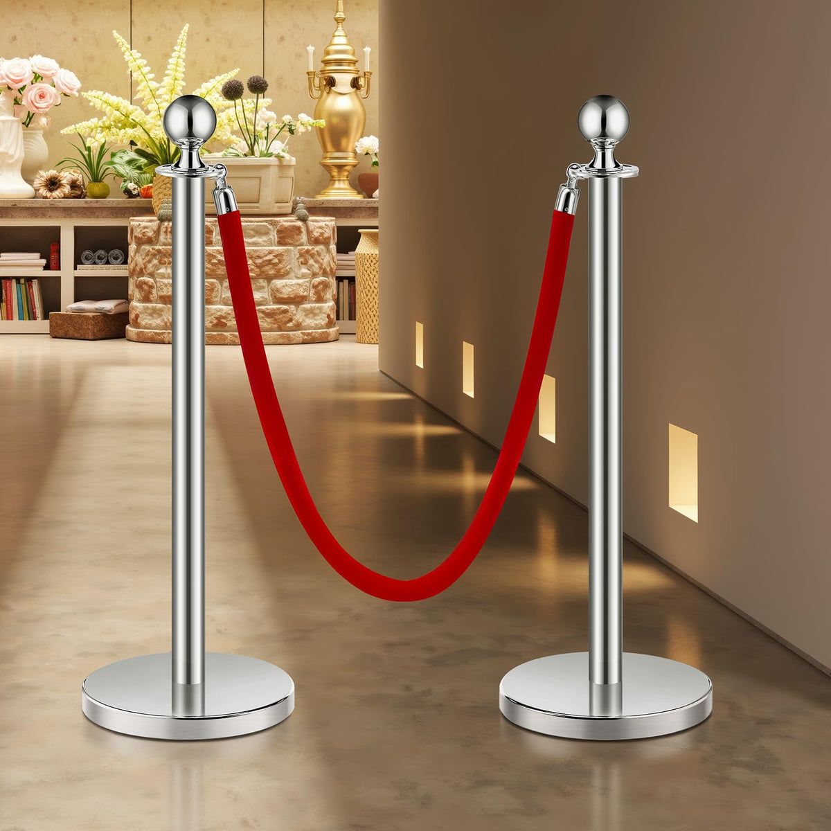 VEVOR 6 PCS Poste de Estaca de Acero Inoxidable de 1,5 m con Base Hueca de Inyección de Arena y 3 Cuerdas de Terciopelo Rojo, Barreras de Control de Multitudes para Teatro, Fiesta, Boda, Plateado