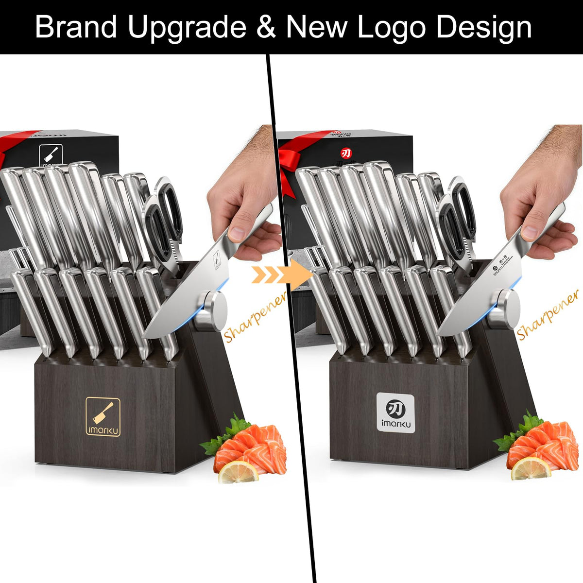 imarku Juego de cuchillos para cocina con bloque Juego de cuchillos japoneses de acero inoxidable para cocina con bloque 14 piezas, afilador incorporado, juego de cuchillos afilados con mangos ergonóm
