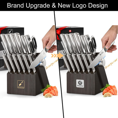 imarku Juego de cuchillos para cocina con bloque Juego de cuchillos japoneses de acero inoxidable para cocina con bloque 14 piezas, afilador incorporado, juego de cuchillos afilados con mangos ergonóm