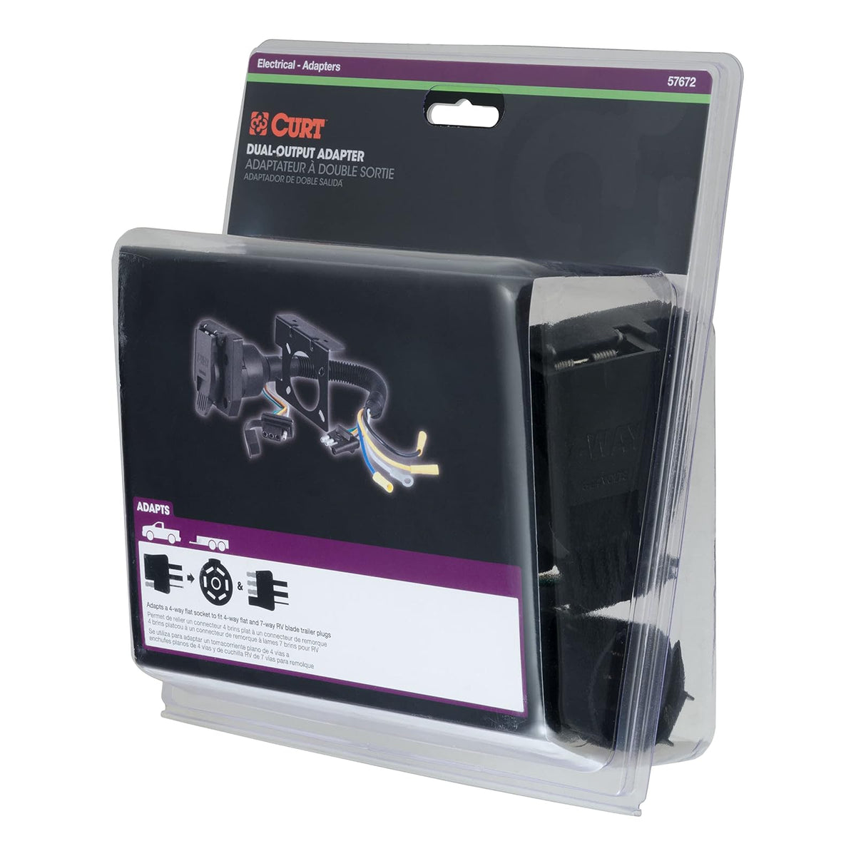 CURT Adaptador de Cableado de Remolque Plano de Doble Salida de 4 Vías 57672, Negro