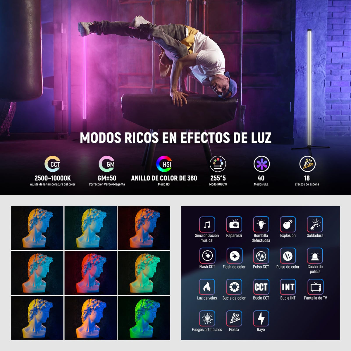 NEEWER - Luz de tubo RGB, luz de video LED de 30 W, RGBWW, varita de luz a todo color, con 18 escenas, efectos de 7 píxeles, 2500-10000 K, CRI97/TLCI98 6000 mAh, APP/2.4G/DMX control para grabación de