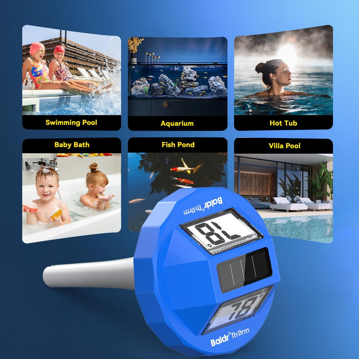 - Termómetro de piscina solar digital flotante, visualización grande de alta precisión sin empañamiento con visualización de doble cara para piscina, acuario, spa, aguas termales, estanques