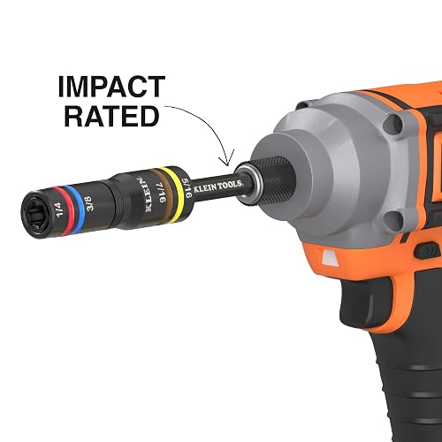 Klein Tools 653QS KNECT - Enchufe cuádruple, 12 tamaños en 3 enchufes, 4 en 1 con código de color SAE con clasificación de impacto, resistente, unidad de 1/4 y 3/8 pulgadas, eje de 3-1/2 y 6-1/2