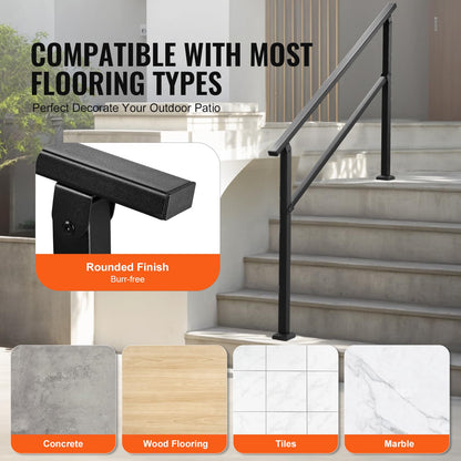 VEVOR Pasamanos de Exterior para Escalera Kit de para 4 a 5 Escalones Tubo Cuadrado con Barra Horizontal Rieles de Soporte de Acero al Carbono para Escaleras de Hormigón, Terraza, Negro