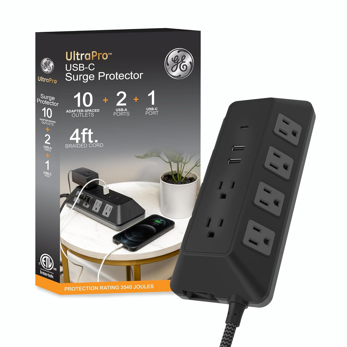 GE UltraPro Adapt Protector de Sobretensiones 5 Salidas con 2 Puertos USB-A - 10 tomacorrientes | 1 USB-C | 2 USB-A