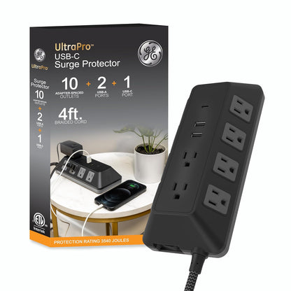 GE UltraPro Adapt Protector de Sobretensiones 5 Salidas con 2 Puertos USB-A - 10 tomacorrientes | 1 USB-C | 2 USB-A