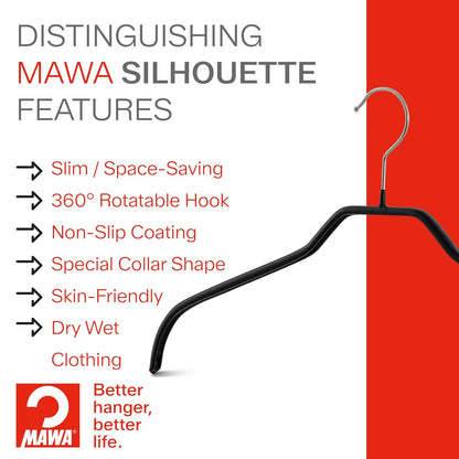 MAWA - Perchas estrechas pequeñas para Ropa de Acero con Revestimiento Antideslizante, para Camisas, Vestidos, Trajes, Camisolas, Chaquetas, Gancho Giratorio de 360 Grados, Juego de 10, Color Negro