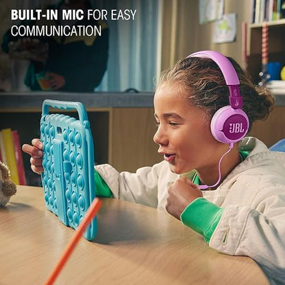 JBL Junior 320 - Auriculares con Cable en la Oreja para niños, Sonido Seguro (<85dB), micrófono Integrado, Apto para niños y Personalizable con Pegatinas Incluidas (Morado)
