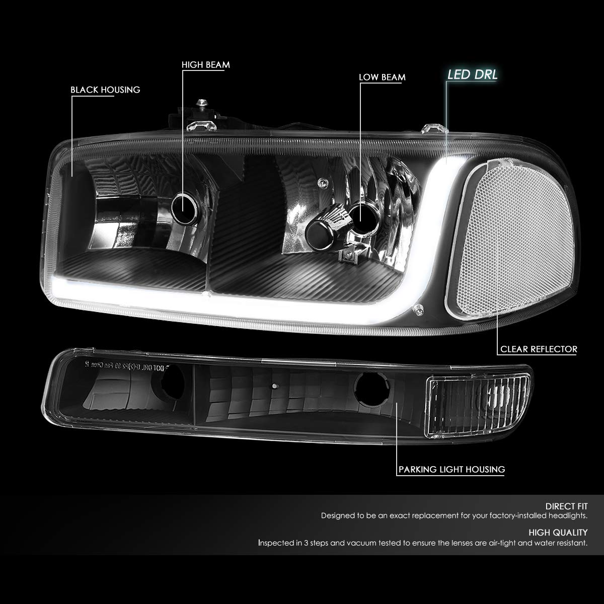 DNA Motoring Faros LED DRL Negro Transparente HL-LB-SIERRA99-BK-CL1 para Sierra Yukon 99-07