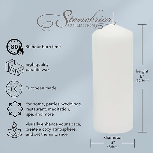 Stonebriar - Paquete de 3 velas de cera blanca sin perfume de 3 x 8 pulgadas, 80 horas de largo
