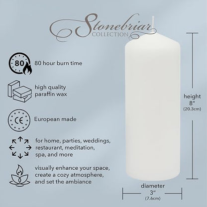 Stonebriar - Paquete de 3 velas de cera blanca sin perfume de 3 x 8 pulgadas, 80 horas de largo