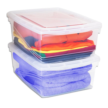 J Y Joy - Caja de Almacenamiento 21 litros, Pack de 2, para Organizar Armario, Juguetes, Ropa, con Cierre Click! y Agarraderas Reforzadas, Plástico Libre de BPA, Transparente