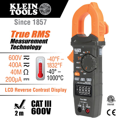 Klein Tools CL390 Digital Clamp Meter, Auto Ranging 400 AMP Measures Electronic AC/DC Voltage AC/DC Current Resistance and TRMS