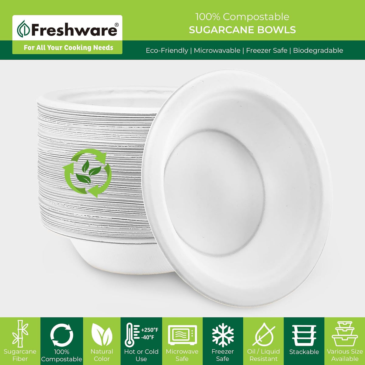 Freshware - Cuencos de papel desechables de 16 onzas, 125 tazones de fibra de caña de azúcar biodegradables, bagazo resistente para platos de comida caliente, apto para microondas y congelador,