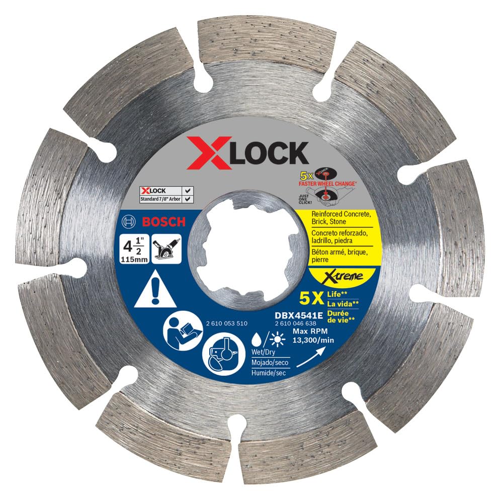 BOSCH DBX4541E 4-1/2" X-LOCK Hoja de diamante de borde segmentado Xtreme compatible con 7/8 pulgadas. Arbor para aplicación en hormigón reforzado, ladrillo, piedra