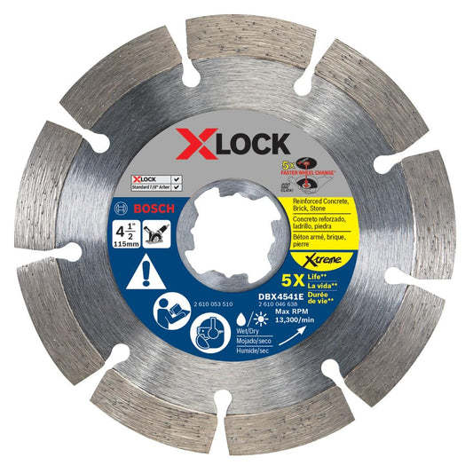 BOSCH DBX4541E 4-1/2" X-LOCK Hoja de diamante de borde segmentado Xtreme compatible con 7/8 pulgadas. Arbor para aplicación en hormigón reforzado, ladrillo, piedra
