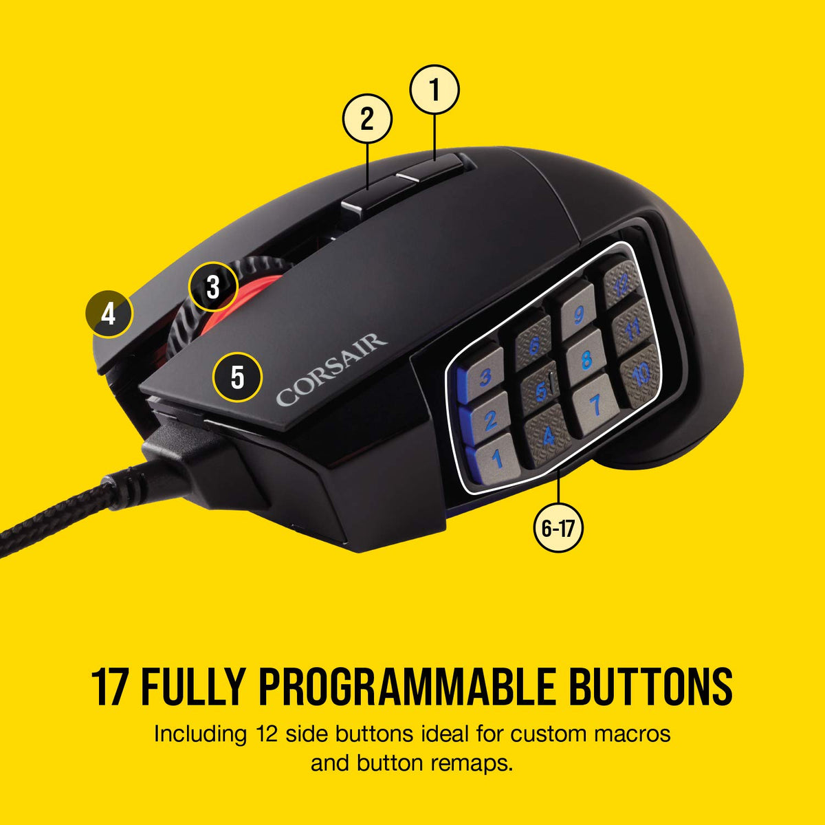Corsair Scimitar RGB Elite Mouse para Juegos MOBA/MMO con Cable – 18.000 dpi – 17 Botones programables – Compatible con iCUE – PC, Mac, PS5, PS4, Xbox – Negro