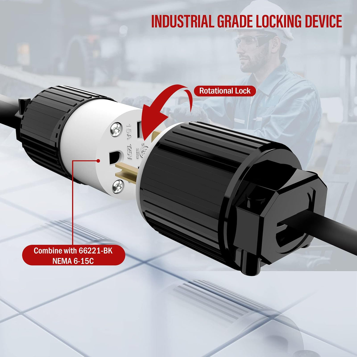 ENERLITES NEMA 6-15P Plug, 15A 250V, negro | Conexión a tierra de 2 polos y 3 cables, grado industrial, certificación UL