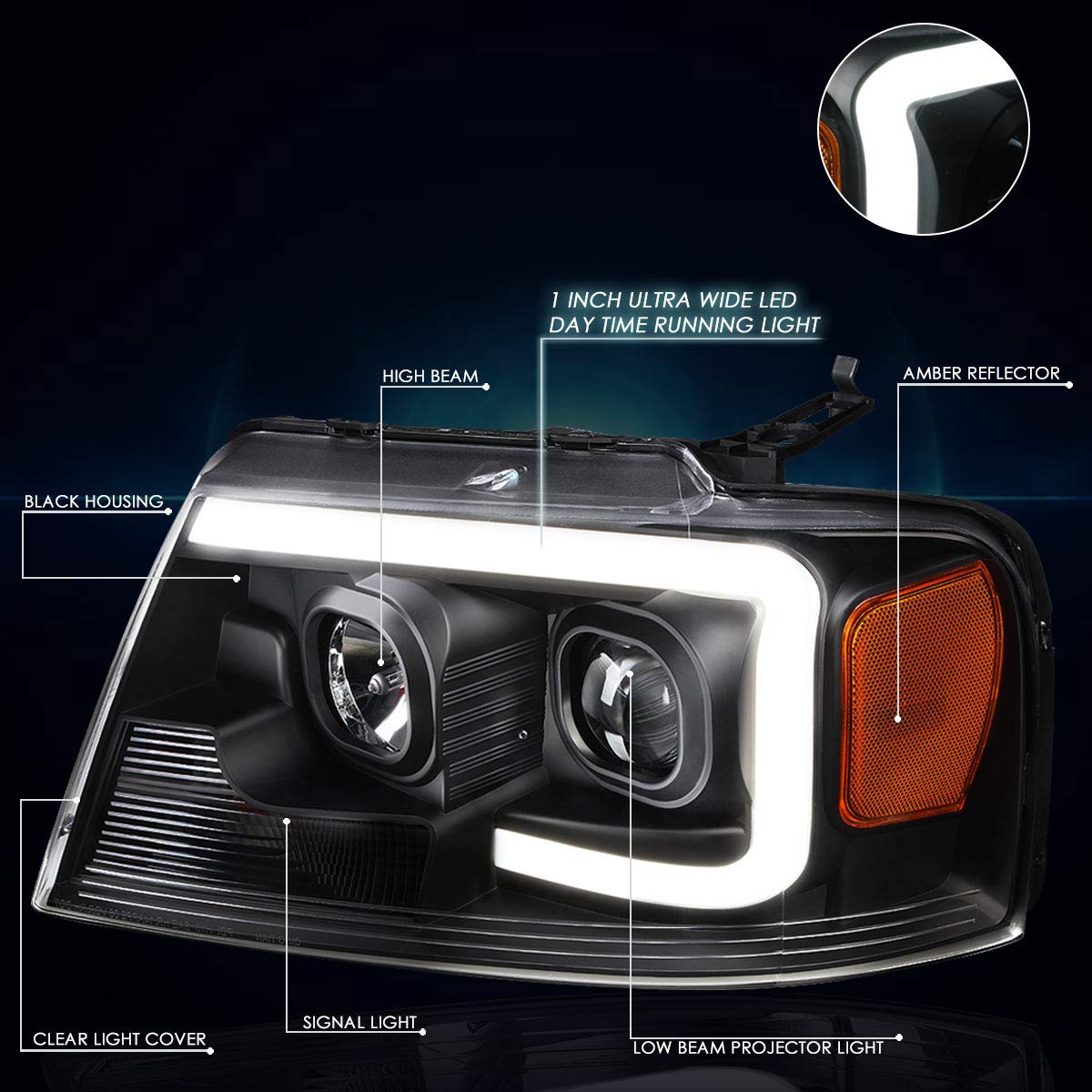 PM PERFORMOTOR PMHL-F150-0408-LB-P-BA Faros Delanteros LED DRL Negro Ámbar 3D con Luz de Circulación Diurna para Ford F-150 2004-2008 Mark LT 2006-2008