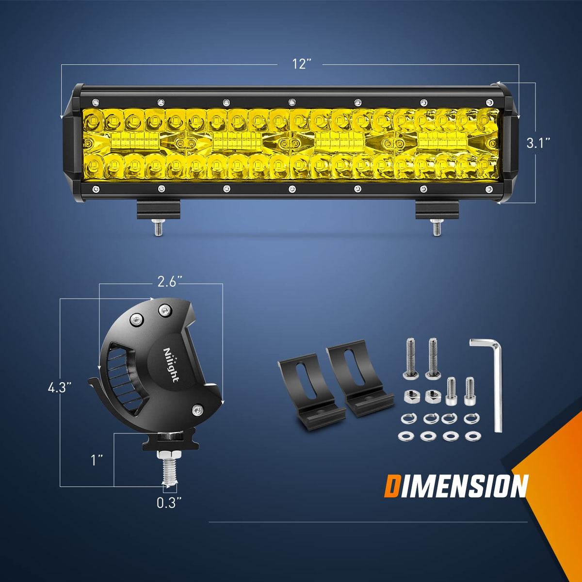 Nilight Barra de Luz LED Ámbar ZH430, 30.5 cm, 240 W, Triple Hilera, Combo Inundación, con Arnés 16 AWG, 12-24 V