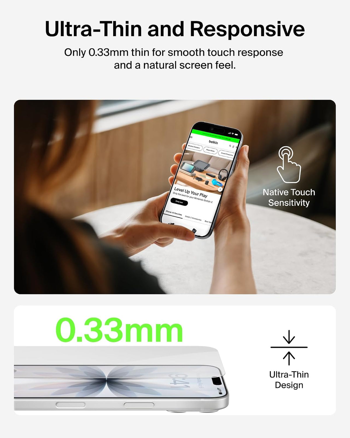 Belkin ScreenForce Protector de visualización de vidrio templado para iPhone 17/16 Pro, protección contra impactos resistente a los arañazos con bandeja de alineación fácil para aplicación sin