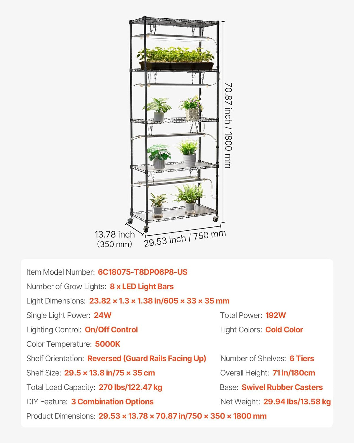 VEVOR Estante para plantas DIY con luces de cultivo, soporte para plantas de interior de 180 cm de alto con ruedas, luces de cultivo de espectro completo de 192 W y 5000 K, soporte para macetas