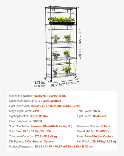 VEVOR Estante para plantas DIY con luces de cultivo, soporte para plantas de interior de 180 cm de alto con ruedas, luces de cultivo de espectro completo de 192 W y 5000 K, soporte para macetas