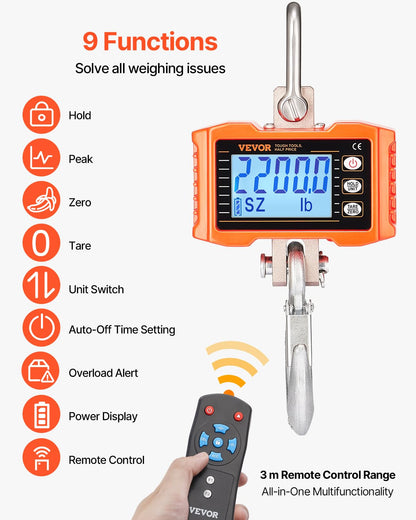 VEVOR Báscula industrial colgante de 1000 kg resistente digital con mando a distancia, báscula de carga, carcasa de aluminio fundido, pantalla LCD de alta precisión para construcción, fábrica, granja