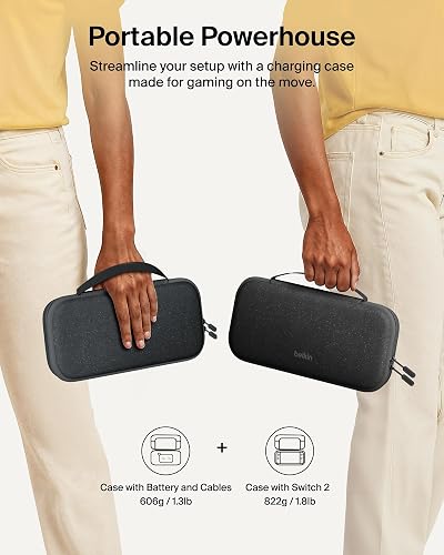 Belkin Nintendo Switch 2 Funda con Cargador de Banco de energía Integrado de 10.000 mAh, Funda Protectora portátil con Bolsillos para AirTag, Cartuchos de Juego para Viajes, Color carbón