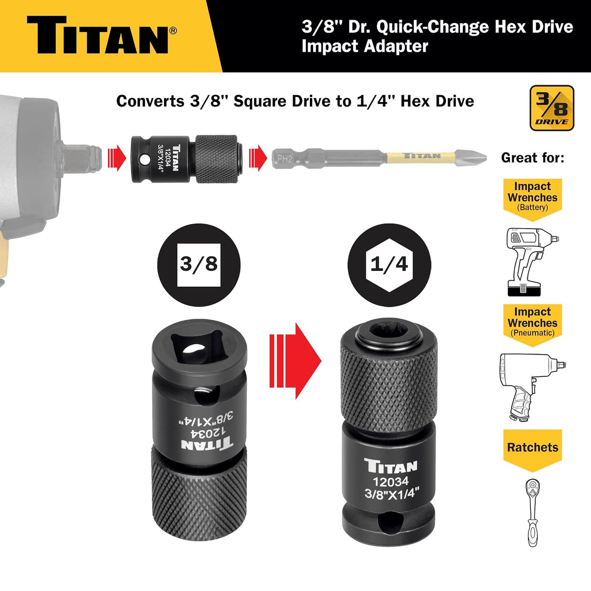 Titan 12034 Adaptador de cambio rápido de unidad hexagonal de 3/8 pulgadas a 1/4 pulgadas