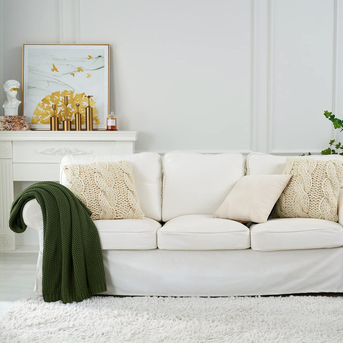 Longhui bedding - Cobija de punto trenzado grueso, ligera, 100 % algodón orgánico, para sofá, cama y guardería, estilo rústico, elegante y moderno, verde oliva, 129.54 x 160.02 cm, bolsa de lavado