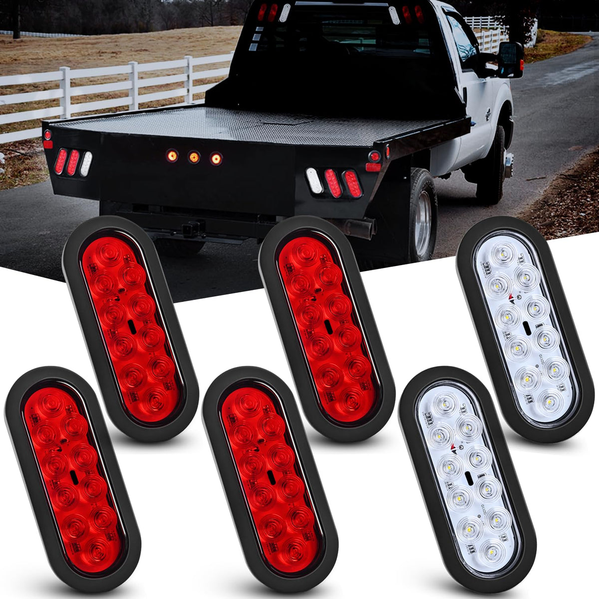 Nilight 6 Inch Oval Trailer Tail Light 6PCS Red White 10LED with Flush Mount Grommets Plugs IP67 Waterproof Brake Turn Signals Reverse Lights for RV Truck Trailers - Rojo - Blanco 6Pcs