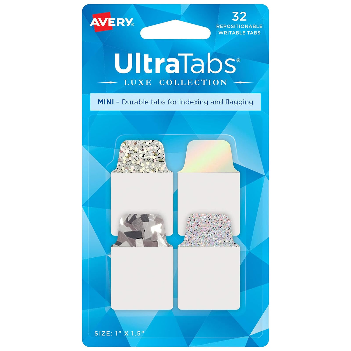 Avery Ultra Tabs Luxe Collection, mini pestañas de 1 x 1.5 pulgadas, diseños holográficos iridiscentes, reposicionables, 32 en total (74178)