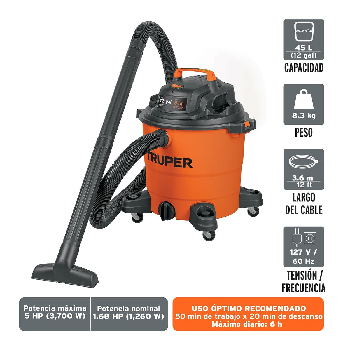 Truper - ASP-12 Aspiradora de sólidos y líquidos de 12 GAL, plástica
