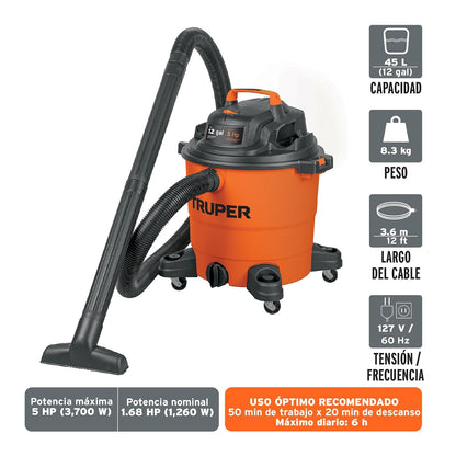 Truper - ASP-12 Aspiradora de sólidos y líquidos de 12 GAL, plástica