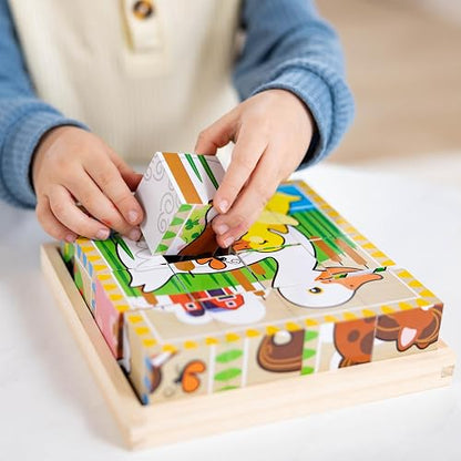 Melissa & Doug Rompecabezas de Cubos Animales de la Granja, Seis Rompecabezas en Uno, Juguete de Madera, Juguete de Desarrollo (16 Cubos y Bandeja) - Certificados FSC