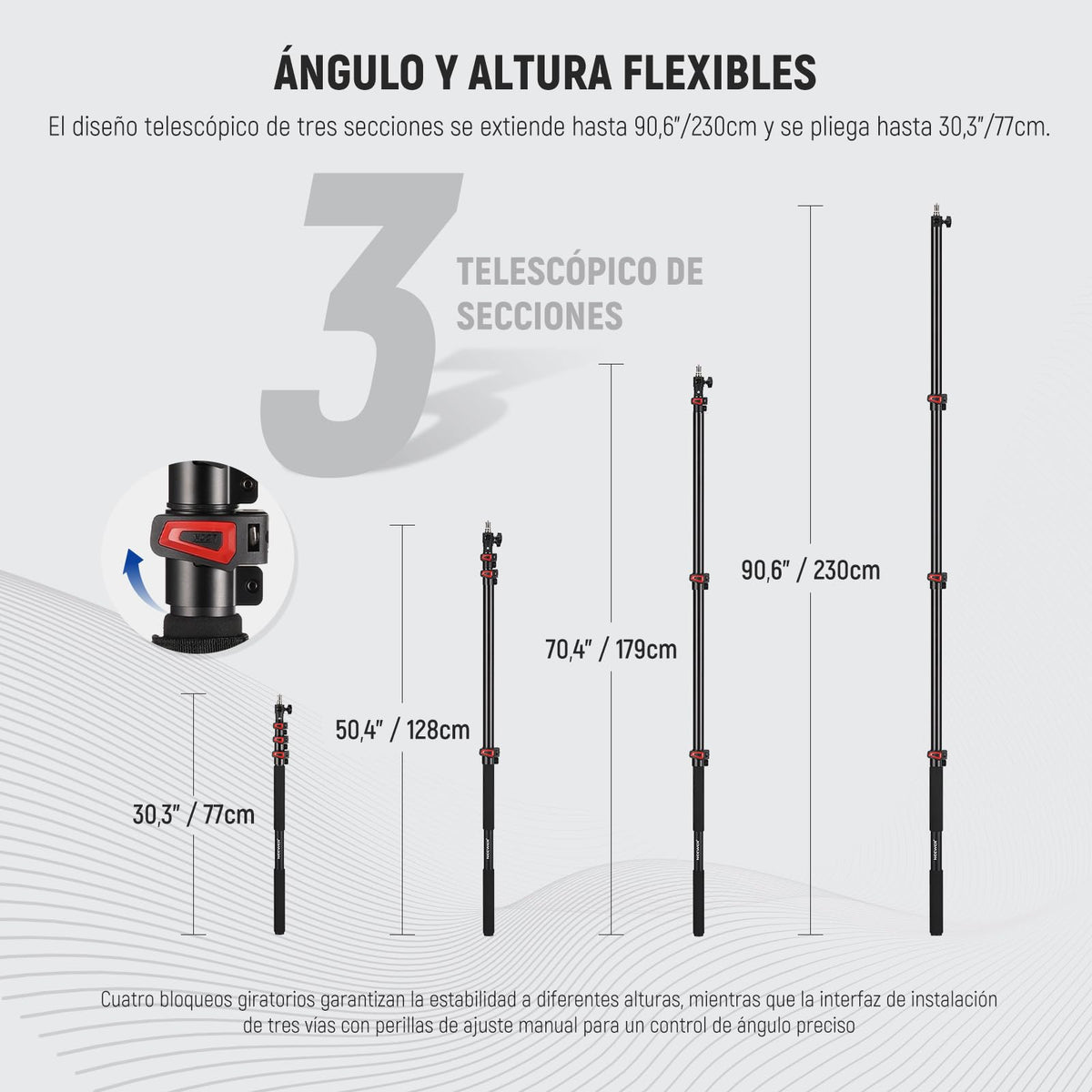 NEEWER 7.5ft/230cm Soporte Boom Pole, Portable Telescópico Alumino Soporte Luz con 1/4" 3/8" 5/8" Tornillo/Flip Bloqueo/Correa de Hombro para Strobe Flash Micrófono, MAX. Carga 11LB/5KG, MS-230C