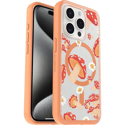 OtterBox - Funda Transparente para iPhone 15 Pro (Solo en inglés) Symmetry Series, Hongos (Naranja), se Ajusta a MagSafe, Ultra Elegante y Bordes elevados Que protegen la cámara y la visualización