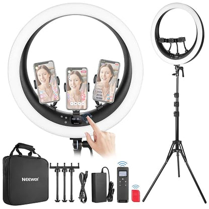 NEEWER Aro de Luz RP19H 19 inch con Trípode y 3 Soporte Móvil, 2.4G Actualizado y Control Táctil, Atenuación Suave al 1%, 42W CRI 97+ 2540lux, Profesional para Streaming Home Office Zoom Call Lighting