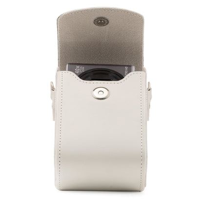 MegaGear MG1414 Estuche de Cuero, con Correa Compatible con Panasonic Lumix DC-ZS80, DC-ZS70, DMC-LX10, DMC-ZS60, DMC-ZS100 - Blanco